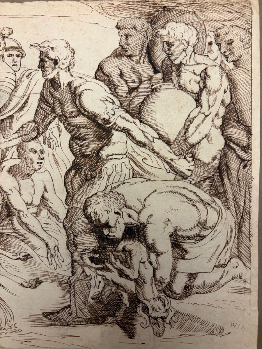 Dessin à la plume, d’après le Primatice , extrait de l’Odyssée, Ulysse égorgeant des brebis noi-photo-2