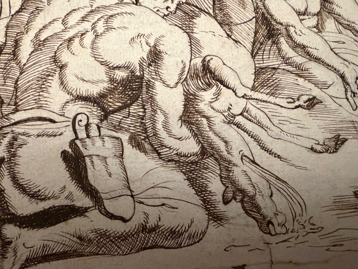 Dessin à la plume, d’après le Primatice , extrait de l’Odyssée, Ulysse égorgeant des brebis noi-photo-3