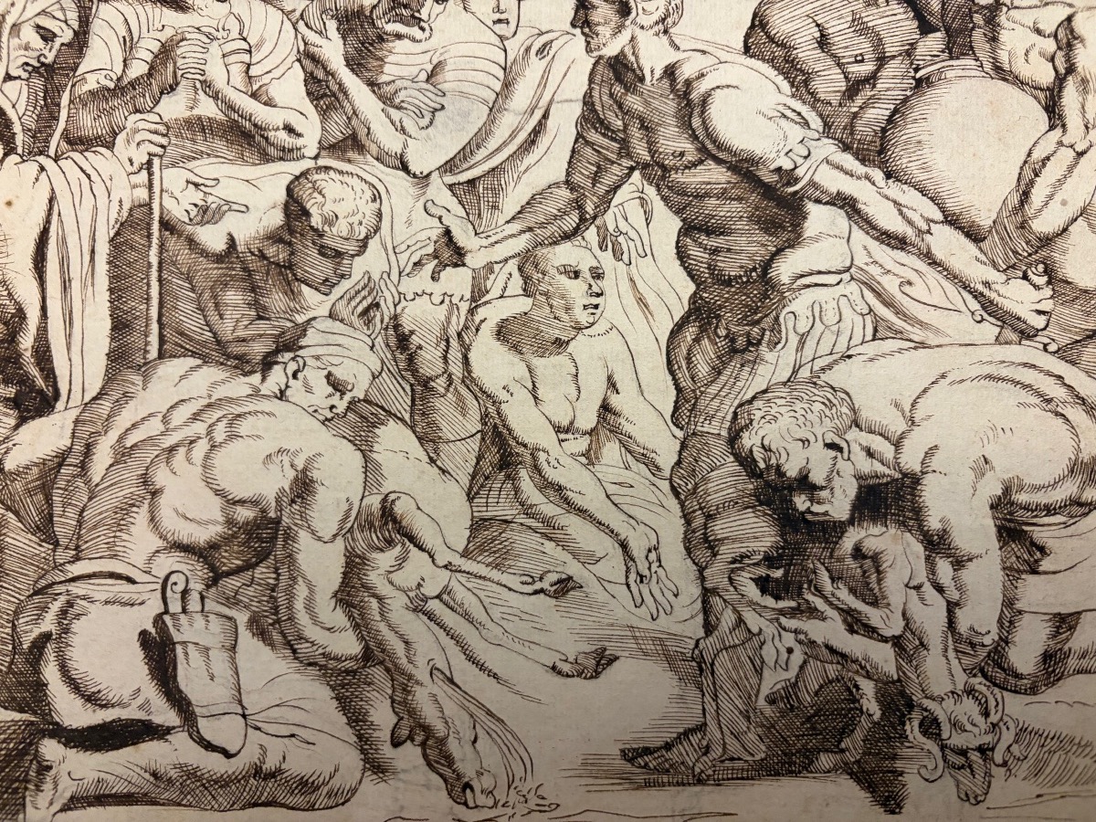 Dessin à la plume, d’après le Primatice , extrait de l’Odyssée, Ulysse égorgeant des brebis noi-photo-4