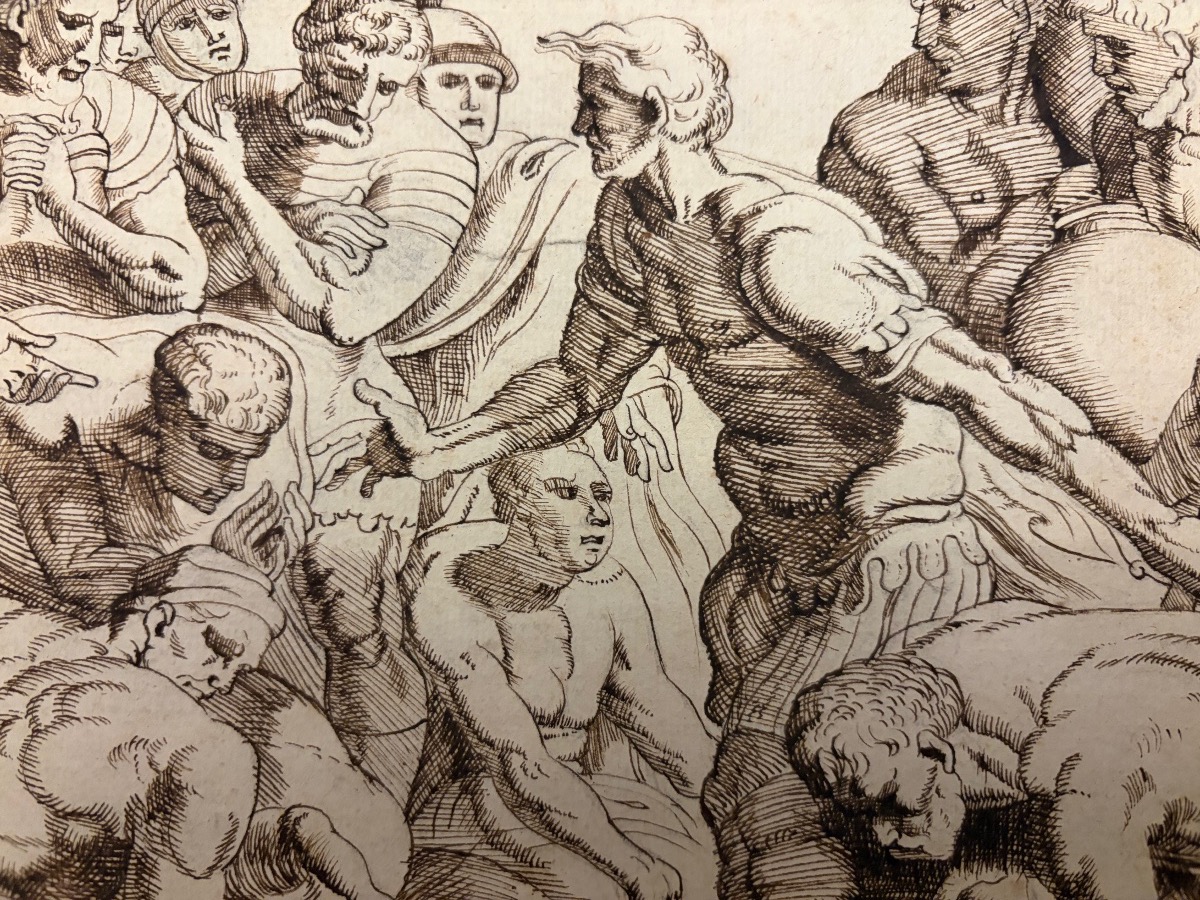 Dessin à la plume, d’après le Primatice , extrait de l’Odyssée, Ulysse égorgeant des brebis noi-photo-5