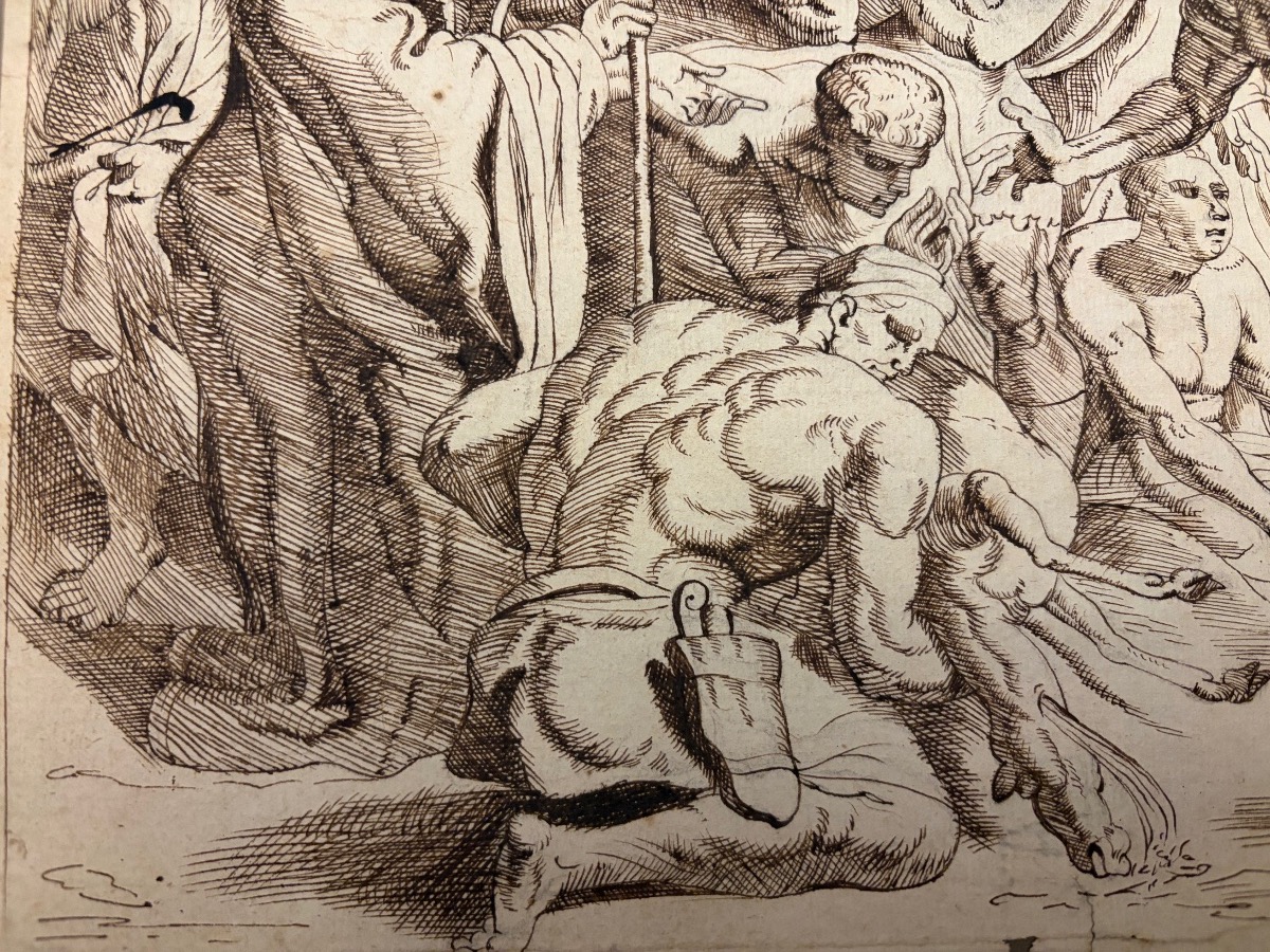 Dessin à la plume, d’après le Primatice , extrait de l’Odyssée, Ulysse égorgeant des brebis noi-photo-6