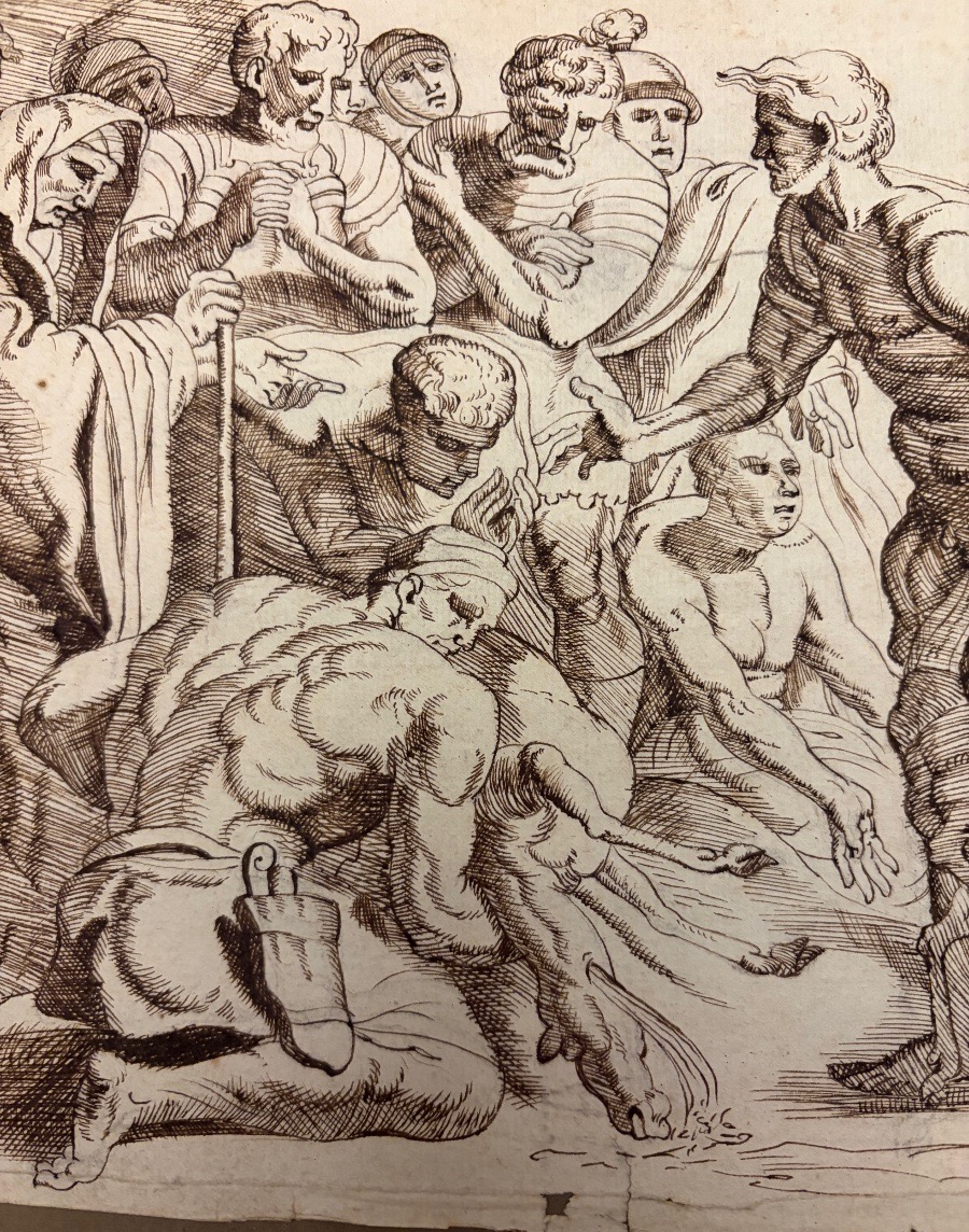 Dessin à la plume, d’après le Primatice , extrait de l’Odyssée, Ulysse égorgeant des brebis noi-photo-8