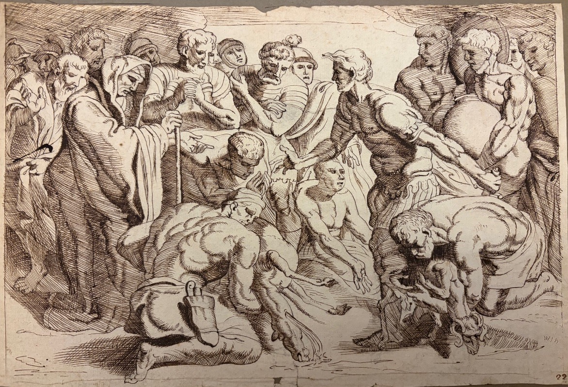 Dessin à la plume, d’après le Primatice , extrait de l’Odyssée, Ulysse égorgeant des brebis noi