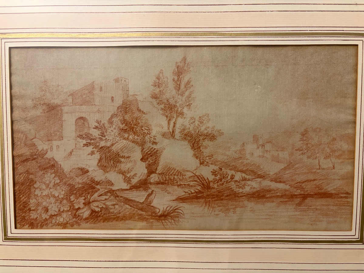 Paire de sanguine, dans le goût d’Hubert Robert. XVIII éme siècle, France.-photo-2