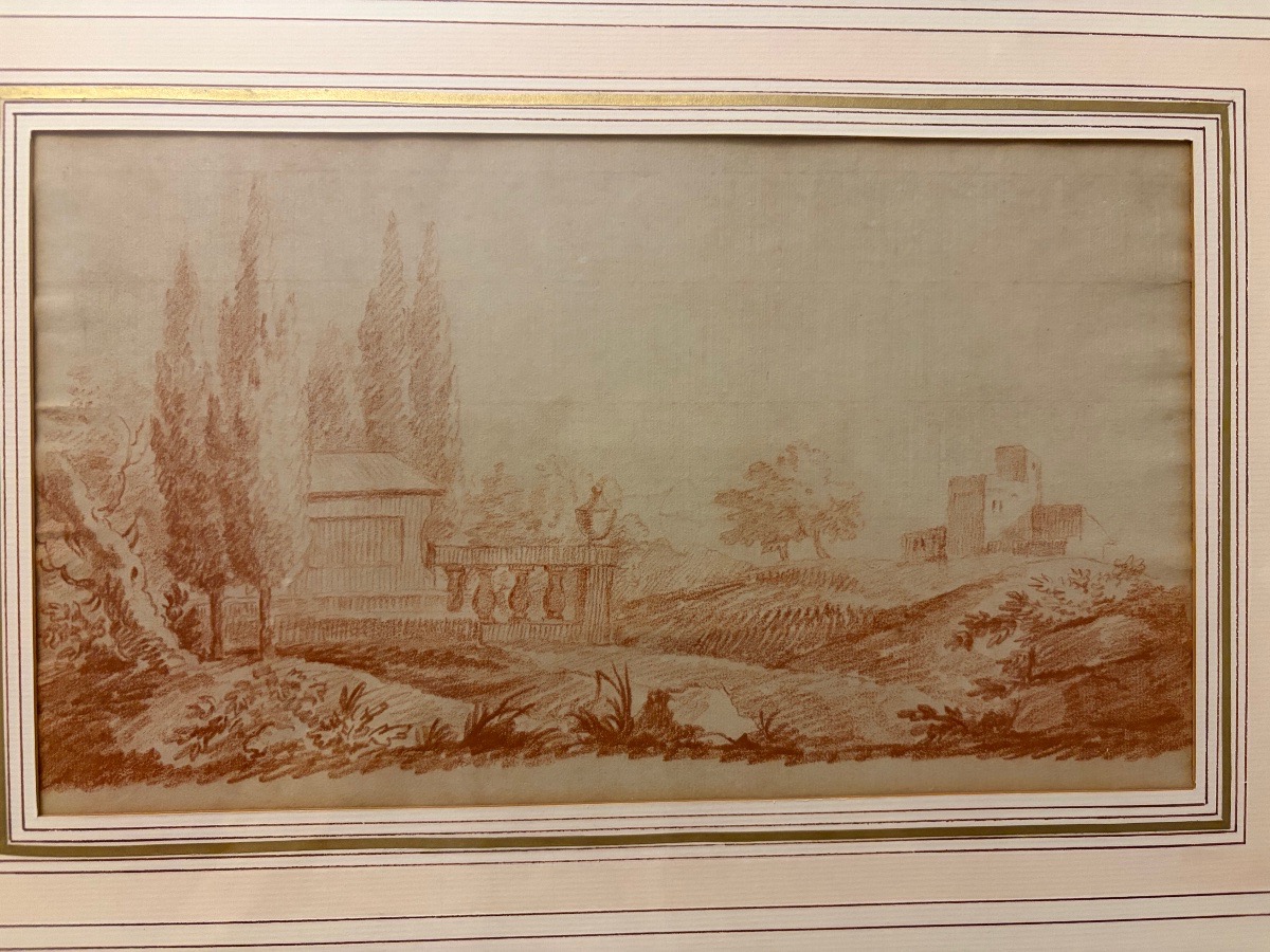 Paire de sanguine, dans le goût d’Hubert Robert. XVIII éme siècle, France.-photo-3