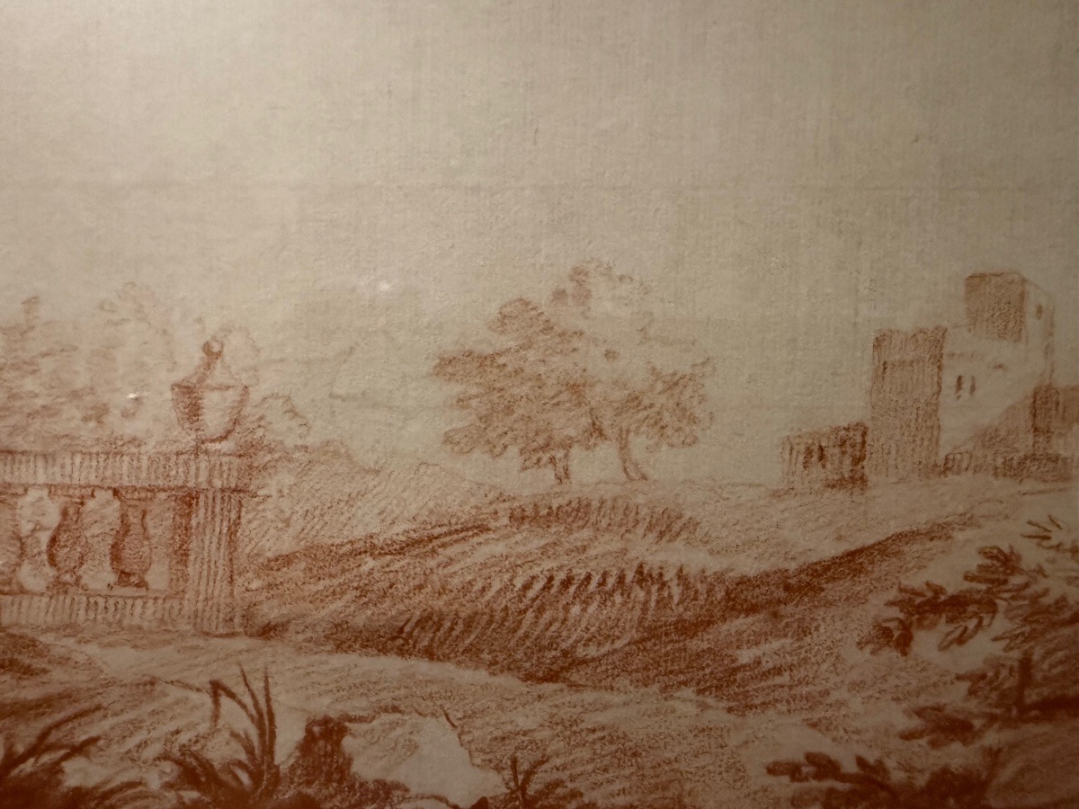 Paire de sanguine, dans le goût d’Hubert Robert. XVIII éme siècle, France.-photo-5
