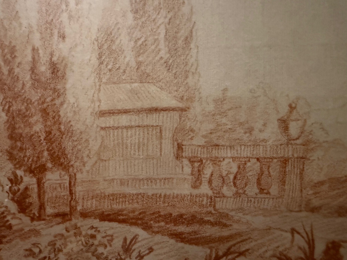 Paire de sanguine, dans le goût d’Hubert Robert. XVIII éme siècle, France.-photo-7
