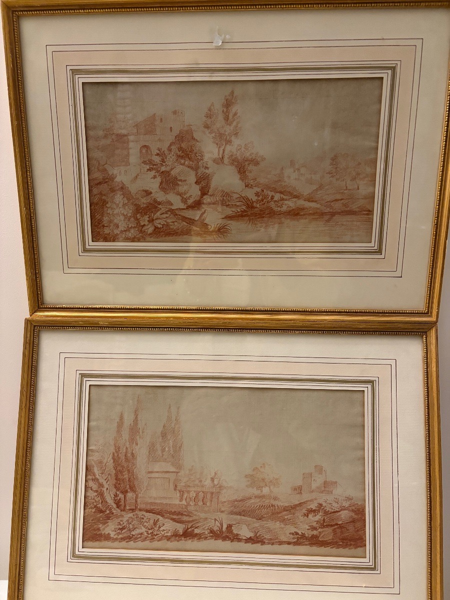 Paire de sanguine, dans le goût d’Hubert Robert. XVIII éme siècle, France.