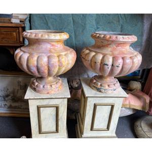 Pair Of Large Medici Vases, In Cast Iron, 19th, Painted In Faux Marble.