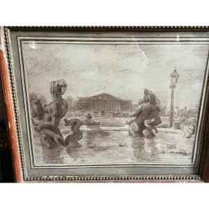 Intéressant dessin à la sanguine, représentant la place de la Concorde, vers 1920. 