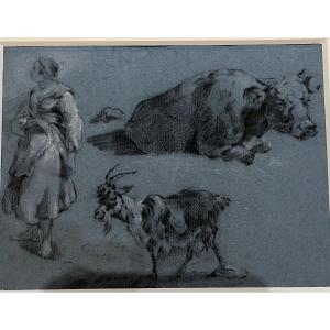 Beau dessin sur papier bleu, XVIIIeme, jeune paysanne, chèvre et bœuf, suiveur de Huet.