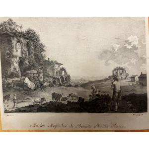 Charmant petit dessin, dans le goût antique , troupeau, ruines, daté 1804