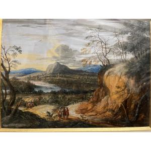 Belle gouache, Van Blarenberghe, école flamande, paysage animé. Bel état.