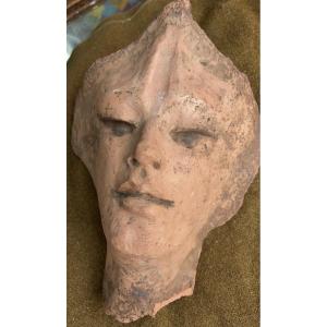  Beautiful Female Portrait-mask, In Glazed Terracotta, 20th Century. Signed Ambre.
