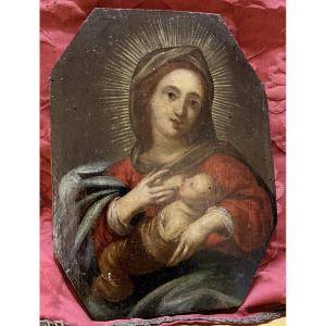 Joli panneau , Vierge allaitant Jésus, France, XVIII éme siècle. 