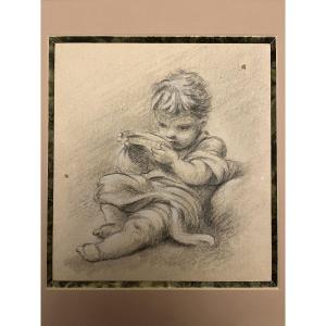 Charmant dessin à la pierre noire, petit enfant buvant. Fin XVIII eme.