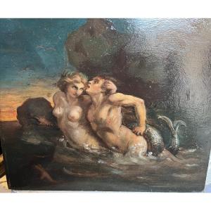 Huile sur panneau, sirène entraînant un jeune homme au fond des eaux. XIX eme.