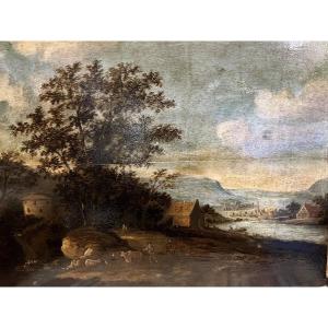 Grande huile sur panneau, paysage flamand, XVIIeme siècle.