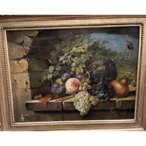 Grande huile sur toile, nature morte aux fruits. XIX eme siècle, France.