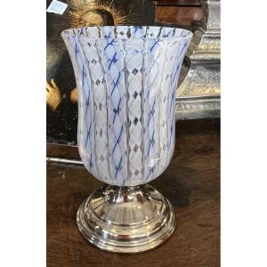 Murano Glass Vase, Latticino, Blue And White, Silver-plated Metal Base. Italy. 