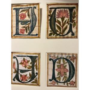 Set Of Four Illuminated Initials, Gouache On Vellum, Late 16th, Early 17th Century. France.