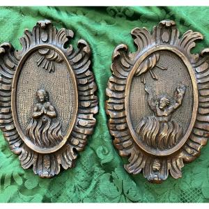 Pair Of Medallions, A Man And A Woman In The Flames Of Hell.