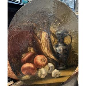 Oil On Canvas, Still Life With Herrings, Onions And Garlic. Dated 1808.