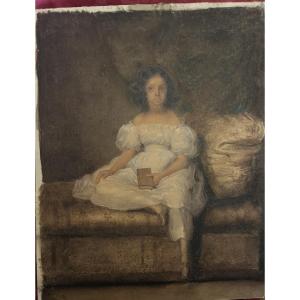 Gouache sur papier vers -1830, jeune fille assise sur un sofa , l’air rêveur. France.