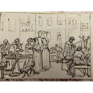 Petit dessin italien début XIX eme,  le commerce de rue à Venise. 