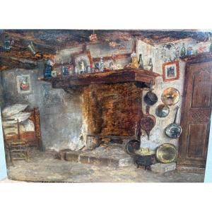 Oil On Panel, Peasant Interior In The Late 19th Century. France
