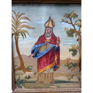 Large Portrait Of St Francois De Sales, Painting And Embroidery. Early 19th Century.