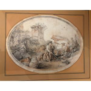 Important French Drawing, XVIII Teen Century, Sheperd With Animals.