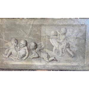 Large Oil On Canvas, 18th Century, Grisaille With Putti. France.