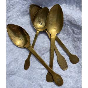 Set Of 5 Community Spoons, 18th Century, Brass.