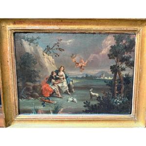 Small Oil On Canvas, France, 18th Century, Gallant Scene, Love, Hunter, Young Girl.
