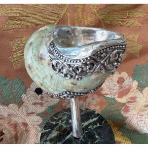 Marmoratus With Green Ribbon, Mounted In Silver. Nepal?