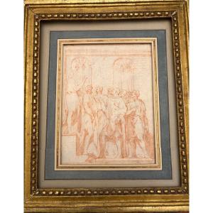 Eighteenth-century Red Chalk Drawing In The Antique Style, Assembly Of Patricians In Lively Discussion.