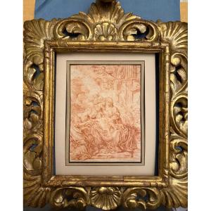 Dessin italien à la sanguine, Vierge à l’Enfant, avec Ste Élisabeth. XVIII éme siècle.
