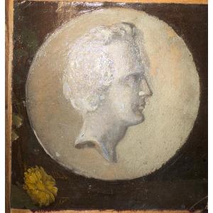Fragment d’huile sur toile, portrait de profil d’un jeune homme, dans un tondo blanc. Début XIX