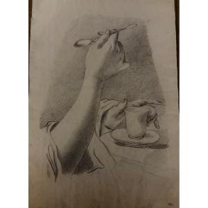 Étude à la pierre noire d’un avant-bras féminin, tenant une tasse de thé. Fin XVIII éme siècle.