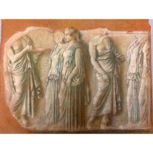 Large Late 19th Century Study Of An Antique Mural Frieze On Dark Buff Paper.