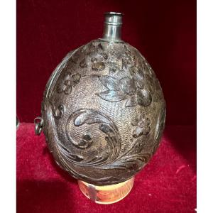 Engraved Coconut, Powder Flask Or Gourd, Silver Stopper, Early 19th Century.