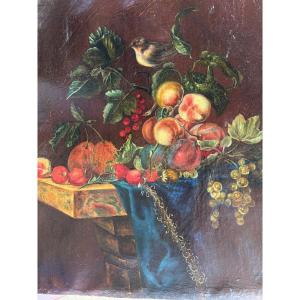 Huile sur toile, pyramide de fruits sur un plateau, avec un oiseau, fin 18 eme, début 19 eme.