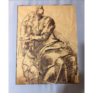 Large Drawing, Brown Ink On Tracing Paper, After Michelangelo, Study For The Prophet Isaiah.