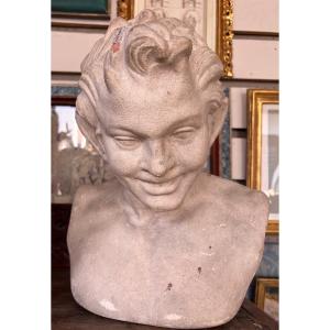 Smiling Satire Bust, White-painted Terracotta, 20th Century, France.