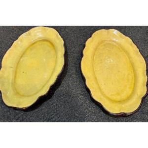 Two Small Dieulefit Earthenware Plates, Yellow With A Brown Border. 20th Century. France.