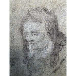 Small Drawing In Black Chalk, Highlighted With White Gouache, On Gray Paper. France, 18th Century.
