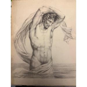 Large Drawing, Muscular Young Man In The Water, Black Chalk, Circa 1830. France.