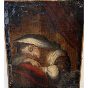Oil On Canvas, Circa 1830, A Young Girl Sleeping On A Red Cushion. France, 19th Century?