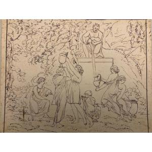 Large Neoclassical Drawing, Allegory Of Water, Nymph, Frolicking Young Girls